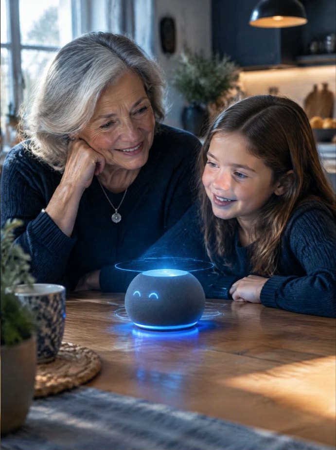 Grandmother and child talking with a home AI assistant